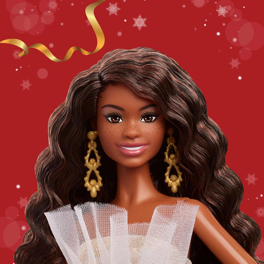 Barbie Signature 2025 Holiday Fashion Doll with Black Hair Wearing Silver & Gold Gown, Seasonal Collectible Includes Displayable Packaging & Doll Stand- JBJ01