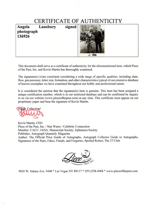 Certificate of authenticity – Angela Lansbury – Angela Lansbury signed photograph