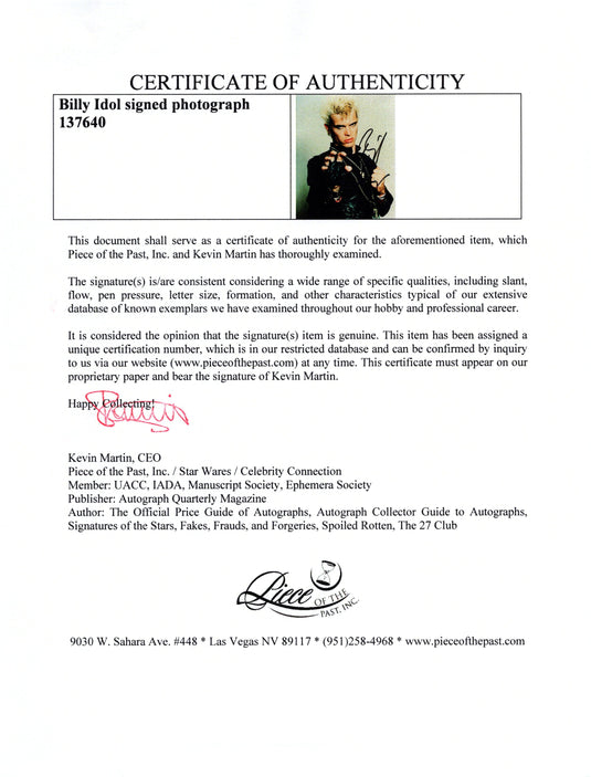 Certificate of authenticity – Billy Idol – Billy Idol signed photograph