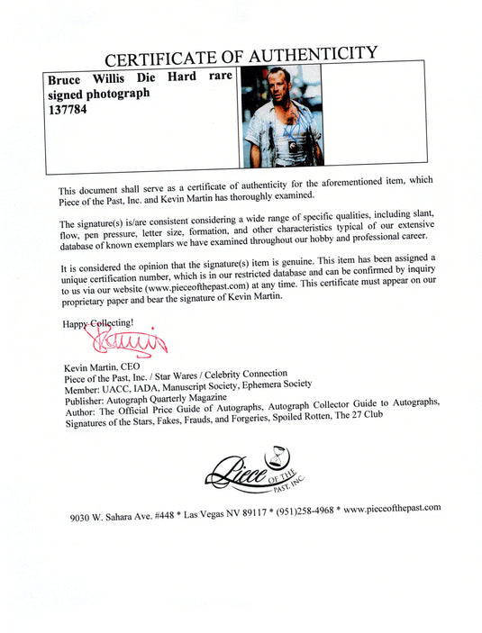 Certificate of authenticity – Bruce Willis – Bruce Willis Die Hard rare signed photograph
