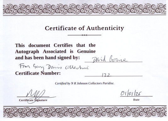 Certificate of authenticity – David Bowie – Signed photograph