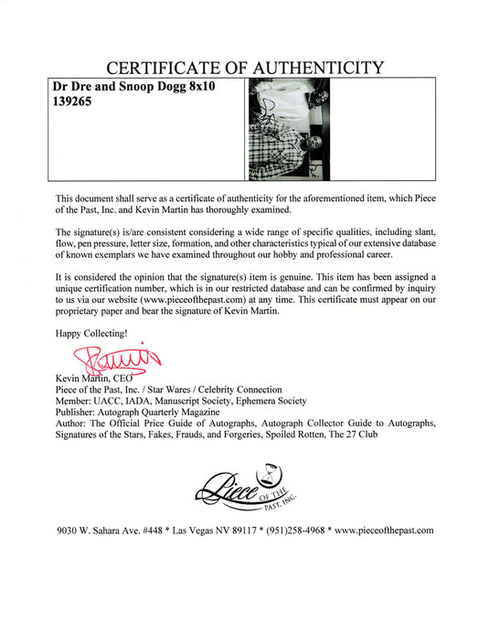 Certificate of authenticity – Dr Dre & Snoop Dogg – Dr Dre and Snoop Dogg signed photograph