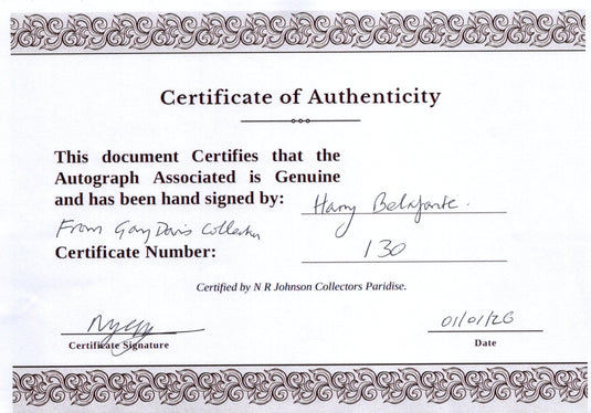 Certificate of authenticity – Harry Belafonte – Signed photograph