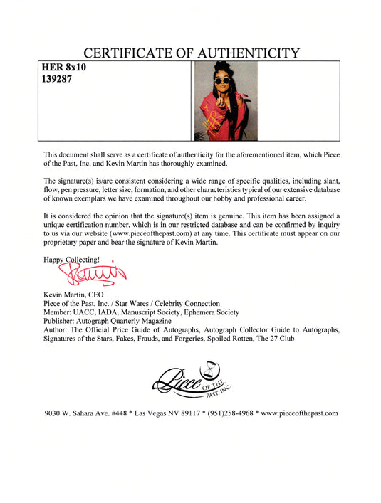 Certificate of authenticity – HER Sabriella Wilson – HER Sabriella Wilson signed photograph