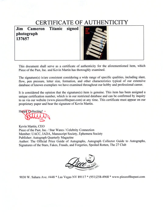 Certificate of authenticity – Jim Cameron – Jim Cameron Titanic signed photograph