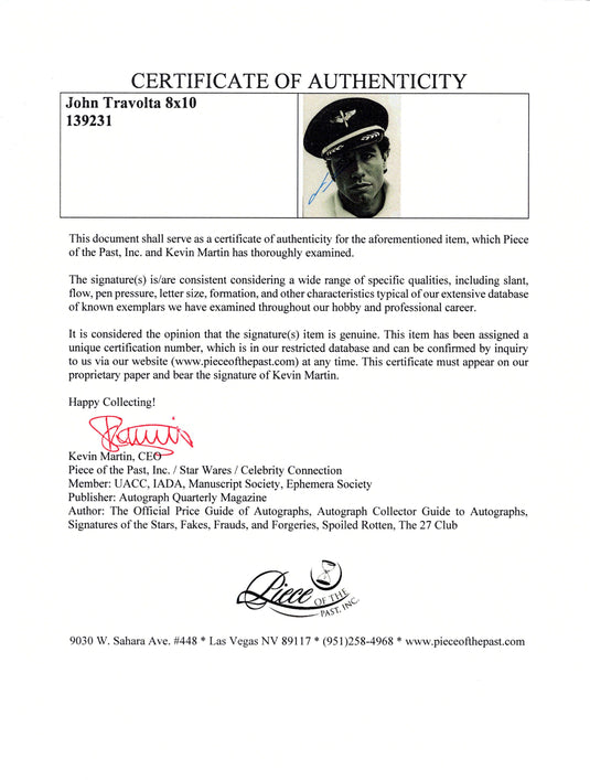 Certificate of authenticity – John Travolta – John Travolta signed photograph