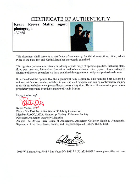 Certificate of authenticity – Keanu Reeves – Keanu Reeves Matrix signed photograph