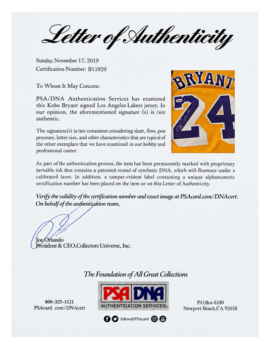 Certificate of authenticity – Kobe Bryant – Los Angeles Lakers #24 Mitchell & Ness Hardwood Classics signed gold jersey – 2007–08
