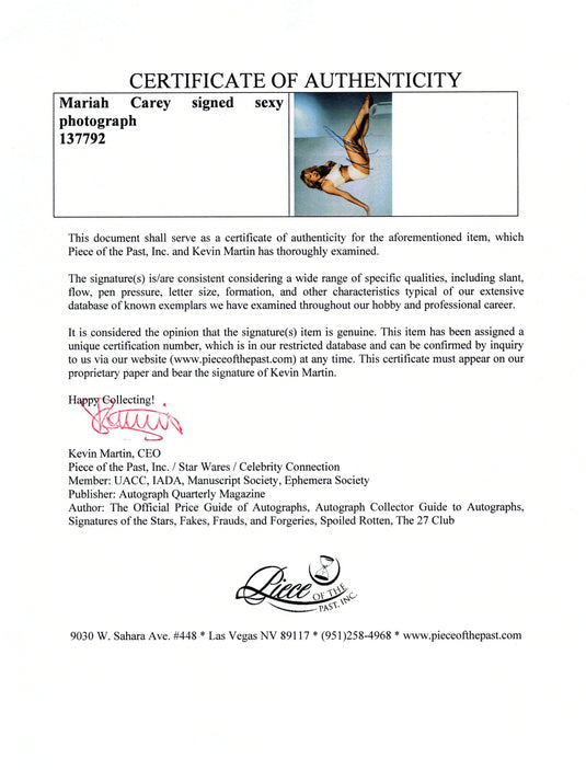 Certificate of authenticity – Mariah Carey – Mariah Carey signed sexy photograph