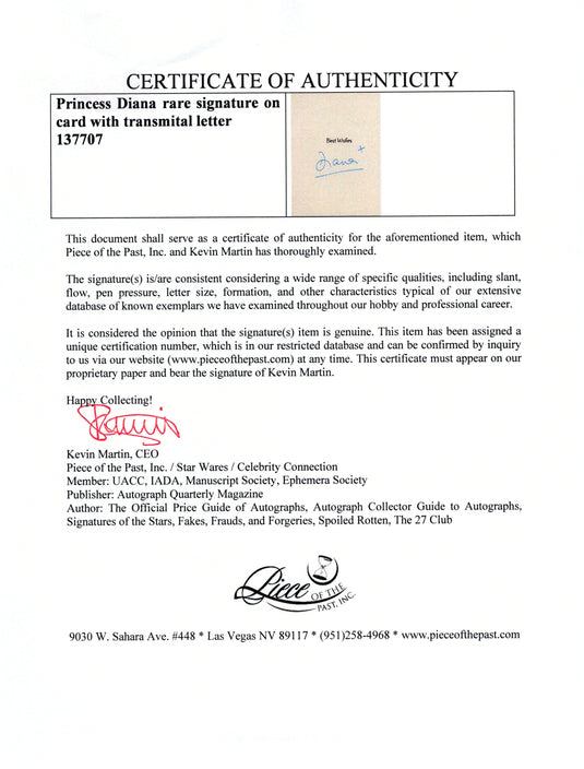 Certificate of authenticity – Princess Diana – Princess Diana rare signature on card with transmital letter