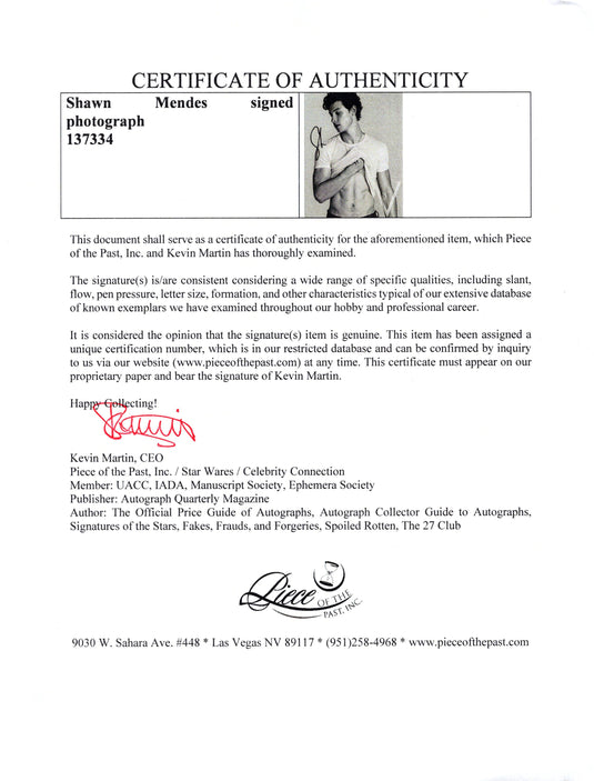Certificate of authenticity – Shawn Mendes – Shawn Mendes signed photograph
