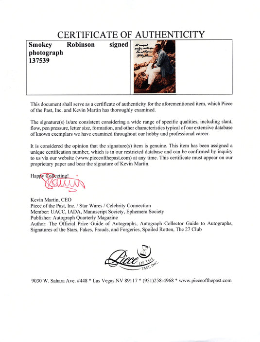 Certificate of authenticity – Smokey Robinson – Smokey Robinson signed photograph