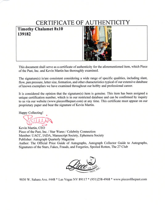 Certificate of authenticity – Timothy Chalamet – Timothy Chalamet signed photograph